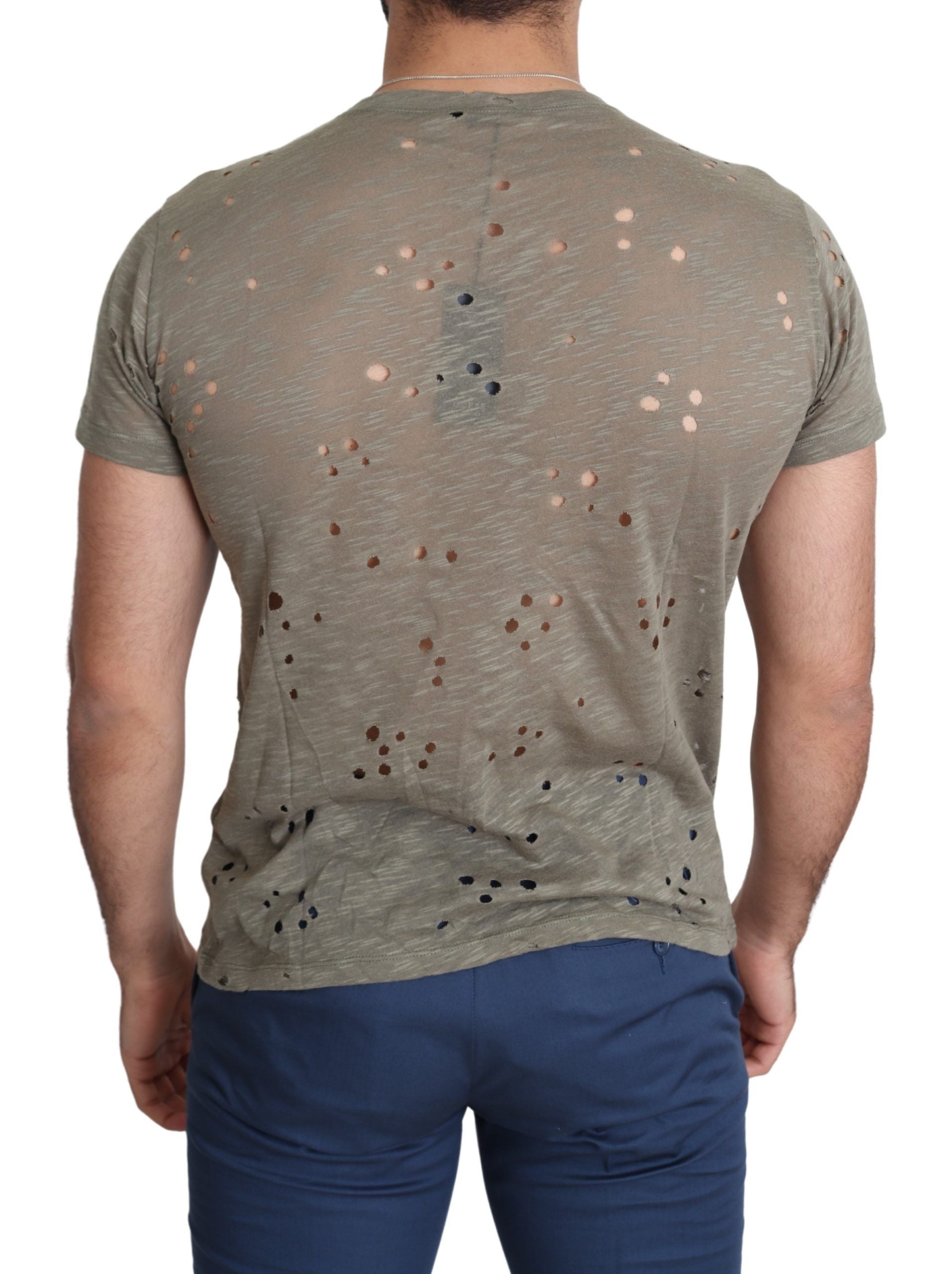 Guess Brown Cotton Stretch Logo Print Men Casual Perforated T-shirt