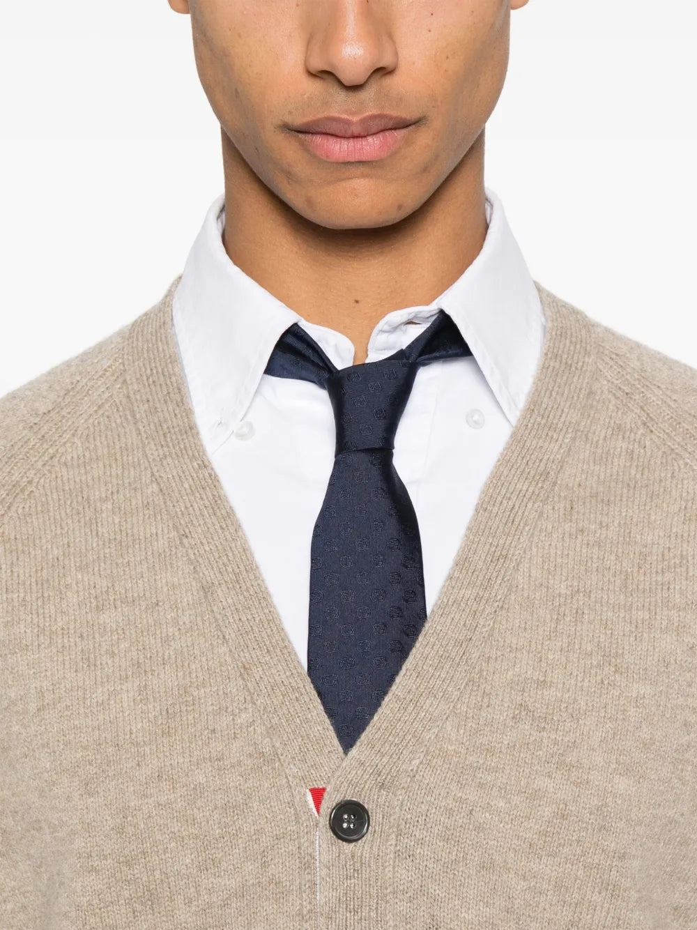 Thom Browne Shetland Wool 4-Bar Relaxed Fit V Neck Cardigan